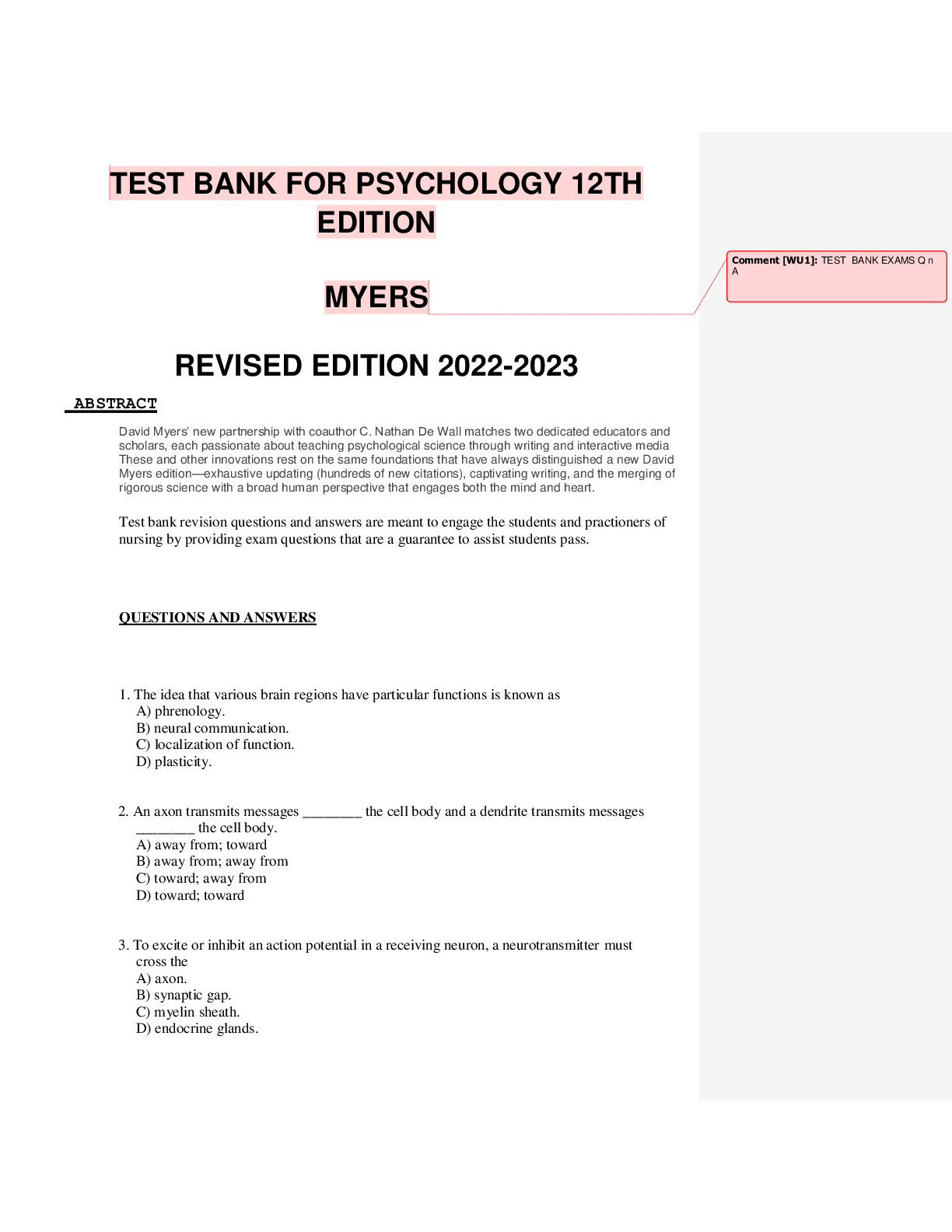 Preview image for Test Bank For Psychology 12th edition Myers (Revised edition 2022-2023)